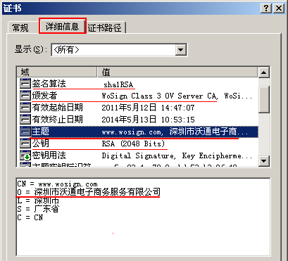 OV SSL证书主题信息
