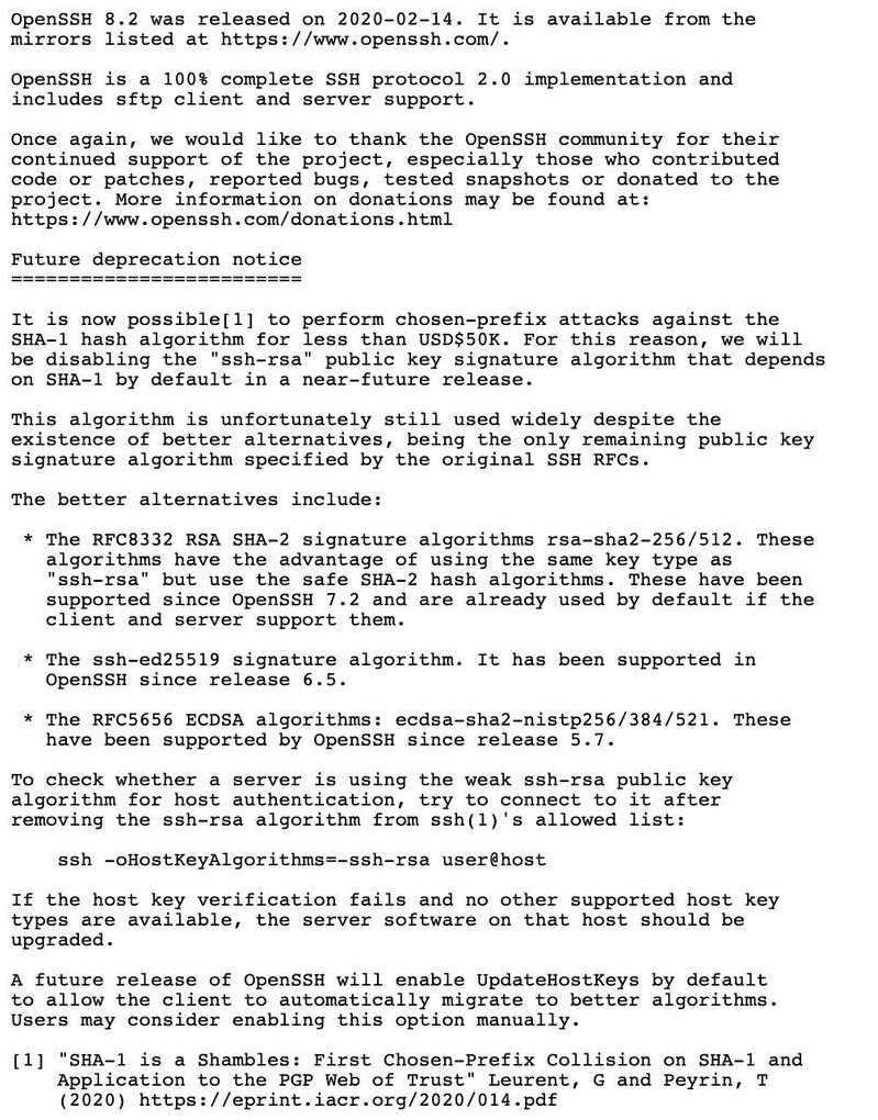 OpenSSH 8.2发布禁用ssh-rsa算法 第3张