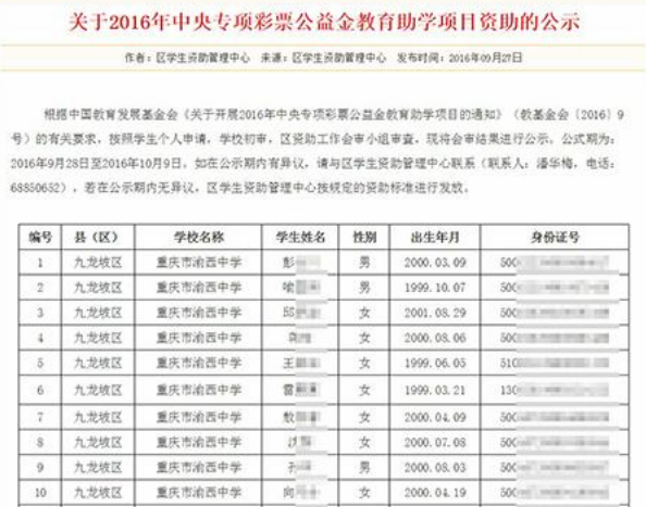 中央专项彩票公益金教育助学项目资助的公示