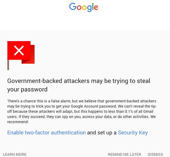 谷歌提示存在安全隐患的邮件